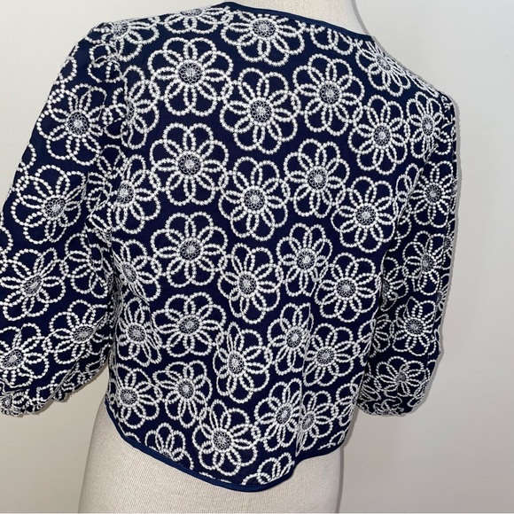 Maeve Anthropologie Navy Embroidery Floral Cropped Draped Shrug Jacket One Size - Picture 6 of 16
